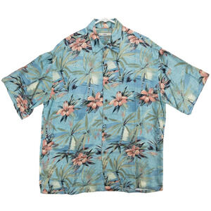 Mens Vintage Hawaiian Shirt L Blue Rayon Hibiscus Aloha | Campia Moda